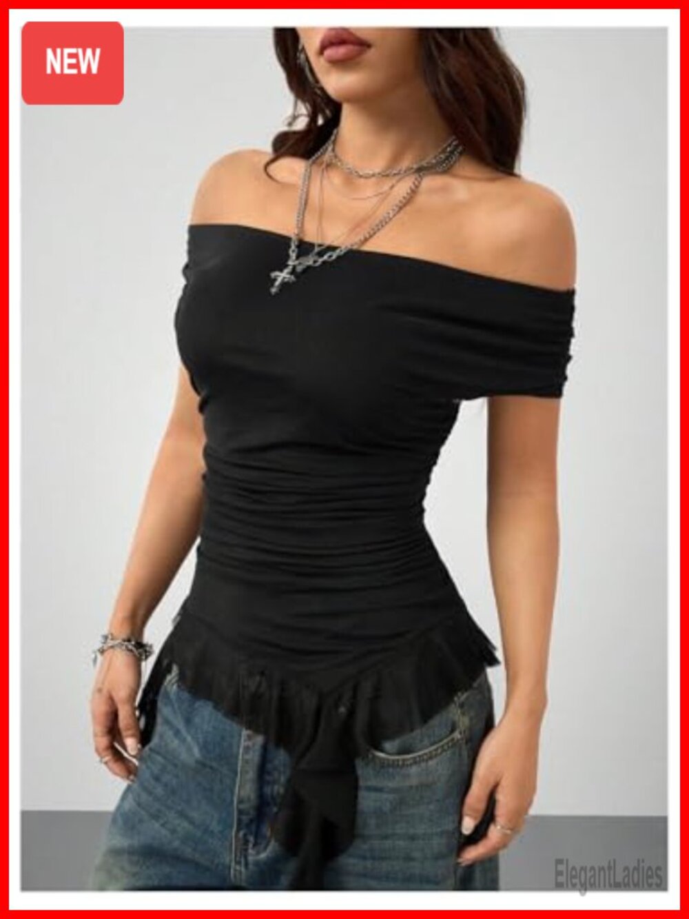 SweatyRocks Off Shoulder Asymmetrical Mesh Top Y2k Ruched Ruffle - Picture 4 of 6